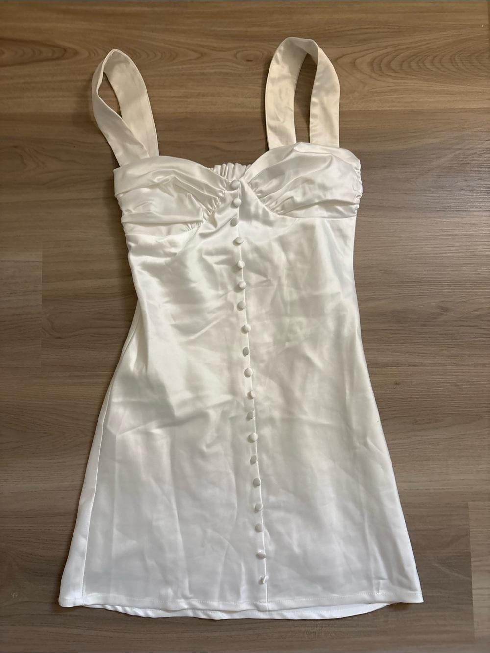 Peppermayo Ivory Satin Mini Dress with Button Front